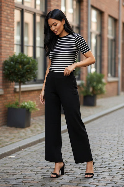 Collab Boutique black knit wide leg capri pants with ribbed elastic waist and button detail.