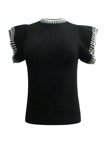 Collab Boutique black knit sweater top with white striped neckline and two-layer flare sleeves. Cotton blend.