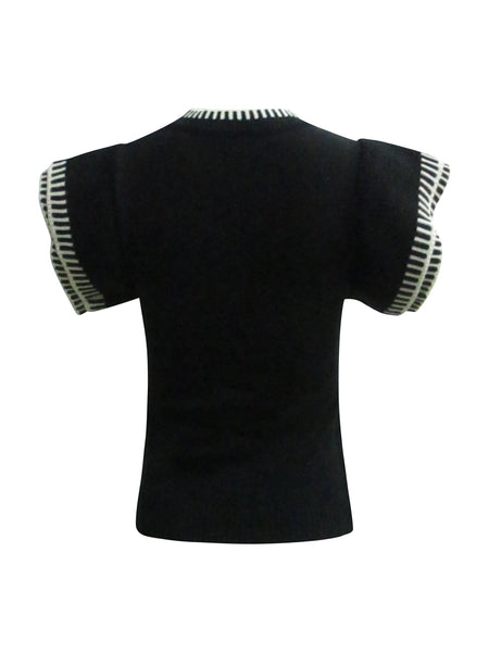 Collab Boutique black knit sweater top with white striped trim on neckline and flared sleeves. Cotton blend.