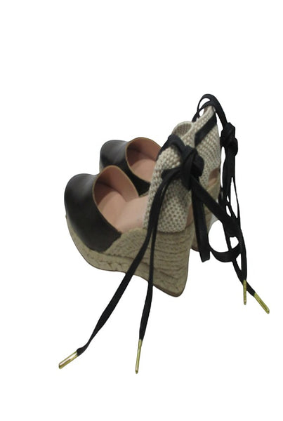 Collab Boutique black leather espadrille wedge sandals with jute sole and black tie-up laces with gold tips.