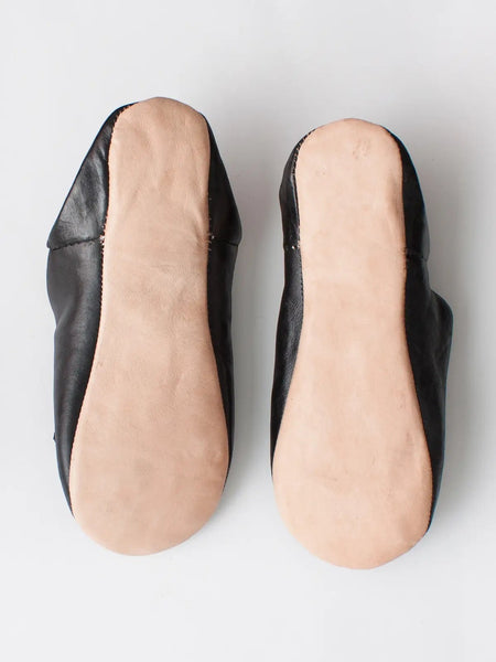 Collab Boutique black leather Moroccan slippers with sequin detail, handmade for indoor use.