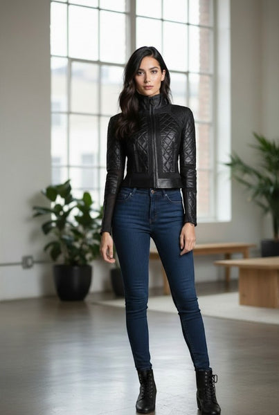 Collab Boutique black diamond quilted leather motorcycle jacket with zipper front and adjustable back laces, worn by a model.