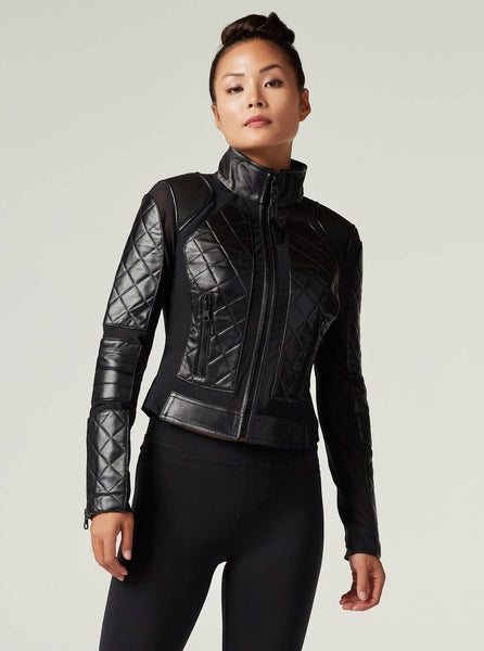 Collab Boutique black diamond quilted leather motorcycle jacket with mesh panels and zipper details.