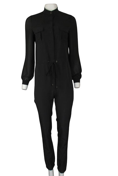 Collab Boutique black polyester-spandex long sleeve jumpsuit with sheer sleeves, drawstring waist, and tapered ankle.