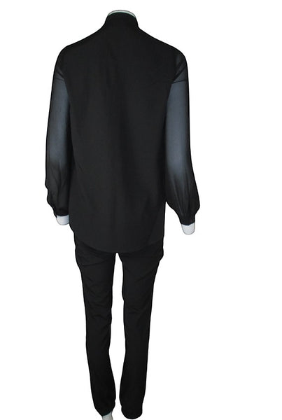 Collab Boutique black polyester-spandex long sleeve jumpsuit with sheer sleeves and tapered ankle.