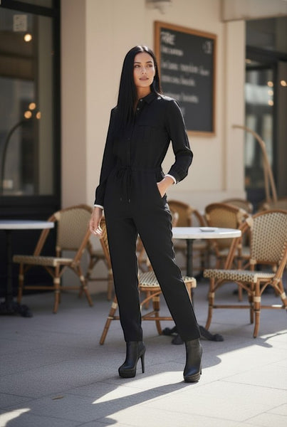 Collab Boutique black polyester-spandex long sleeve jumpsuit with drawstring waist and tapered ankle.