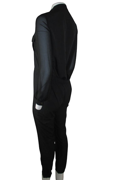 Collab Boutique black polyester-spandex long sleeve jumpsuit with sheer sleeves, elastic waist, and tapered ankle.