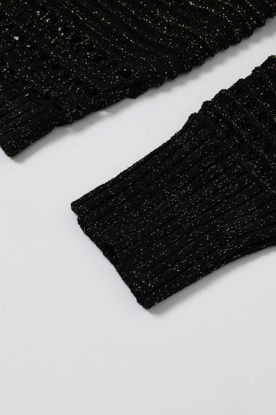 Collab Boutique black lurex knit button up cardigan with gold buttons and crew neck. Viscose/polyester blend.