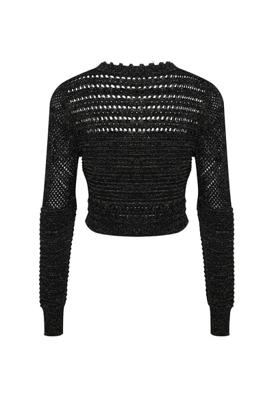 Collab Boutique black lurex knit crochet cardigan with gold buttons, crew neck, and long sleeves.