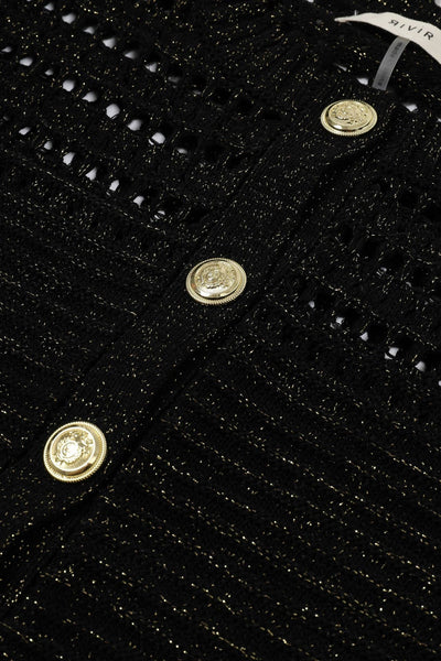Collab Boutique black lurex knit cardigan with gold buttons and crew neck. Viscose/polyester blend.