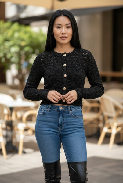 Collab Boutique black lurex knit cardigan with gold buttons and crew neck. Viscose/polyester blend.