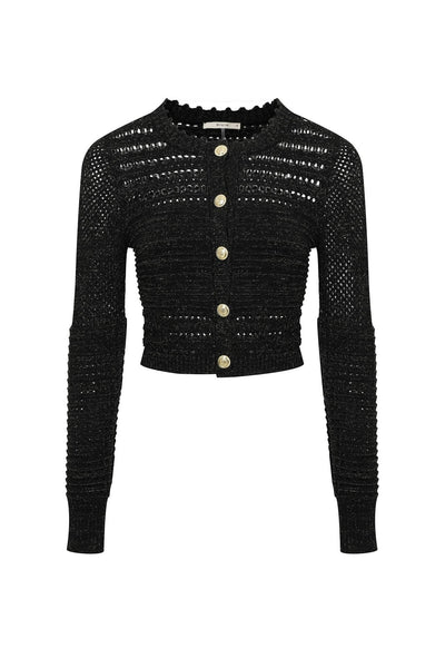 Collab Boutique black lurex knit crochet cardigan with crew neck, gold buttons and long sleeves.