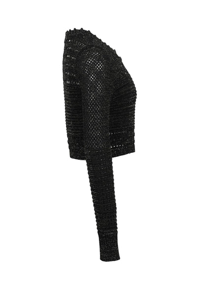 Collab Boutique black lurex knit button up cardigan with gold buttons and crew neck. Viscose/polyester blend.