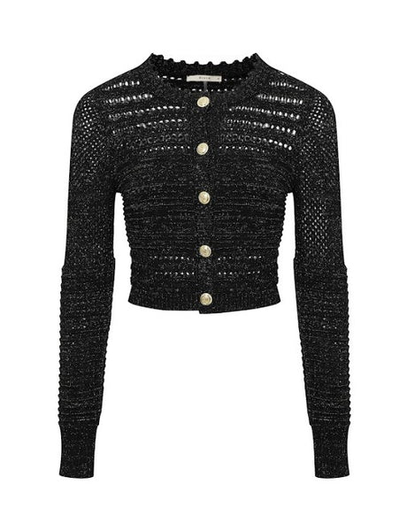 Collab Boutique black lurex knit cardigan with gold buttons, crew neck, long sleeves, and crochet details.