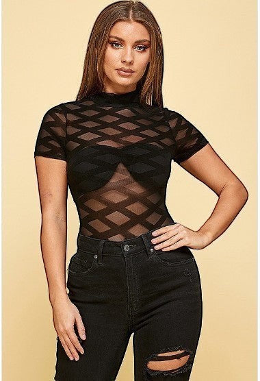 Collab Boutique black sheer mesh bodysuit with mock neck, short sleeves, and diamond pattern. Made of nylon and spandex.