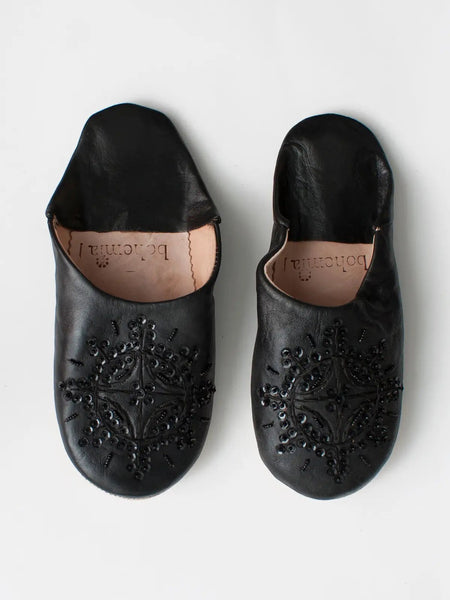 Collab Boutique black Moroccan leather slippers with intricate sequin embellishments, handmade for indoor use.