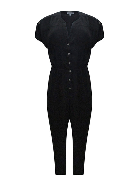 Collab Boutique black polyester dolman short sleeve button-up jumpsuit with elastic waist.