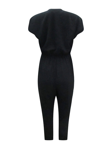 Collab Boutique black polyester dolman short sleeve button up jumpsuit with elastic waist.