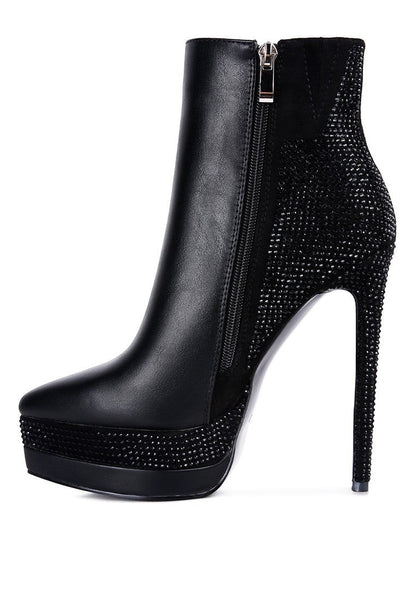 Collab Boutique black faux leather ankle boots with rhinestone embellishments on the heel, platform, and back. Side zipper closure.