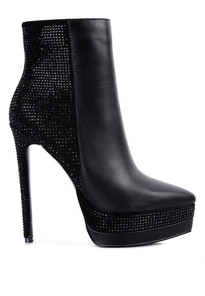 Collab Boutique black faux leather ankle boots with rhinestone embellishments on the heel, platform, and back. Side zipper.
