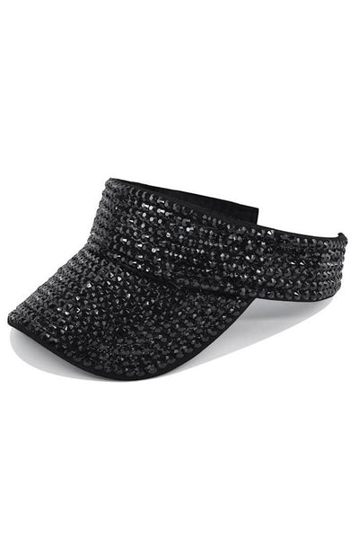 Collab Boutique black rhinestone sun visor cap with adjustable velcro strap.