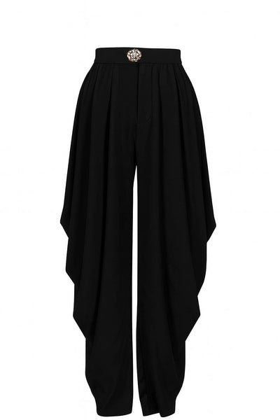 Collab Boutique black polyester ruched flare dress pants with gold pendant closure and elastic waist.
