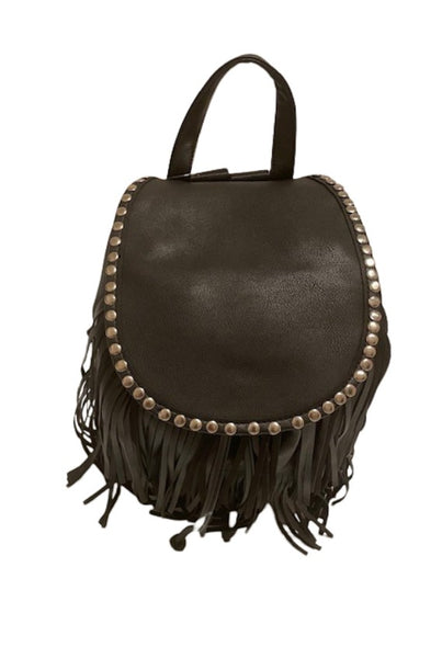 Collab Boutique black faux leather backpack with silver studs and fringe detail.