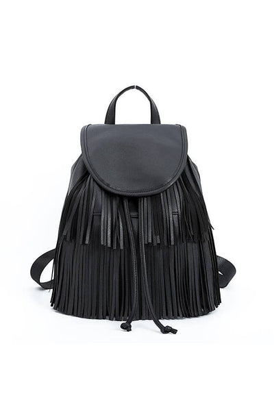 Collab Boutique black faux leather backpack with silver studded fringe detailing and drawstring closure.