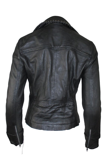Collab Boutique black sheepskin studded moto jacket with zipped cuffs and a cropped silhouette.