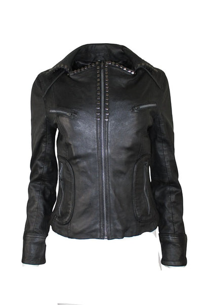 Collab Boutique black sheepskin studded moto jacket with asymmetrical zip and notched lapels.
