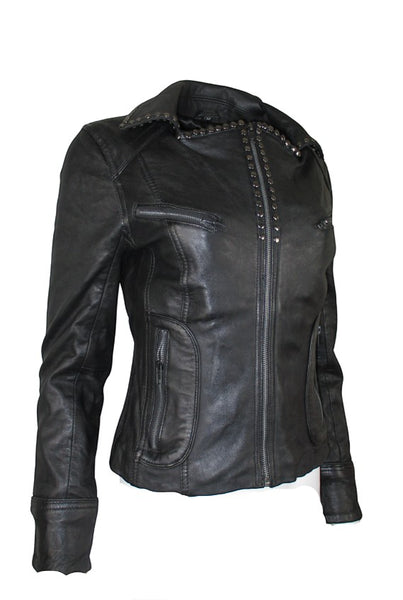 Collab Boutique black sheepskin moto jacket with gunmetal stud detailing on the collar and asymmetrical zip front.