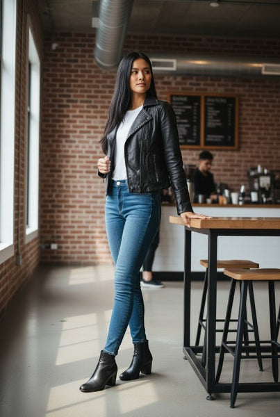 Collab Boutique black sheepskin moto jacket with gunmetal studs, notched lapels, and asymmetrical zip. Model wears it with blue jeans and white t-shirt.