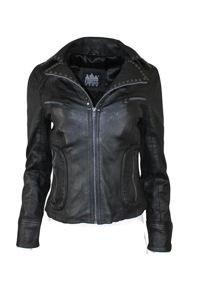 Collab Boutique black sheepskin leather moto jacket with studded collar, asymmetrical zip, and notched lapels.
