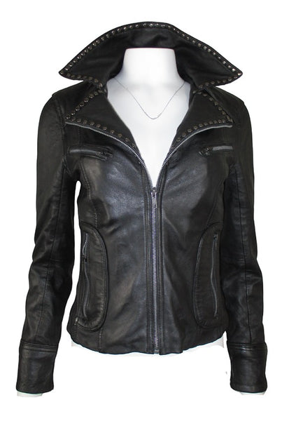 Collab Boutique black sheepskin studded moto jacket with asymmetrical zip and notched lapels.