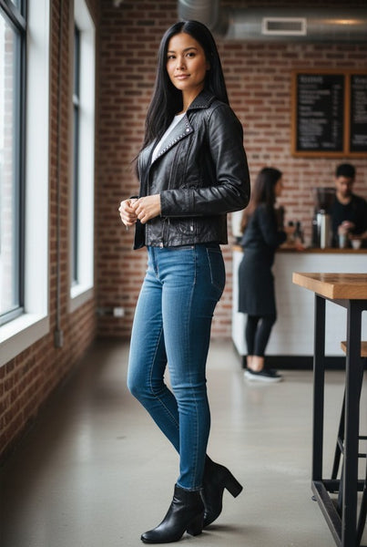 Collab Boutique black sheepskin leather moto jacket with studded collar, worn by a woman in blue jeans and black boots.
