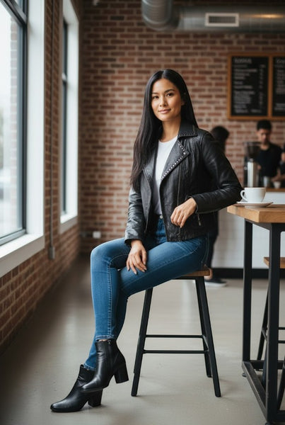 Collab Boutique black sheepskin leather moto jacket with stud detailing on collar, worn by a woman in blue jeans and white t-shirt.