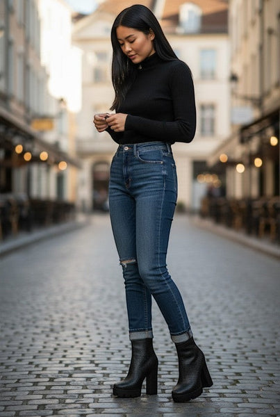 Collab Boutique black faux leather ankle boots with textured detail and chunky block heel.