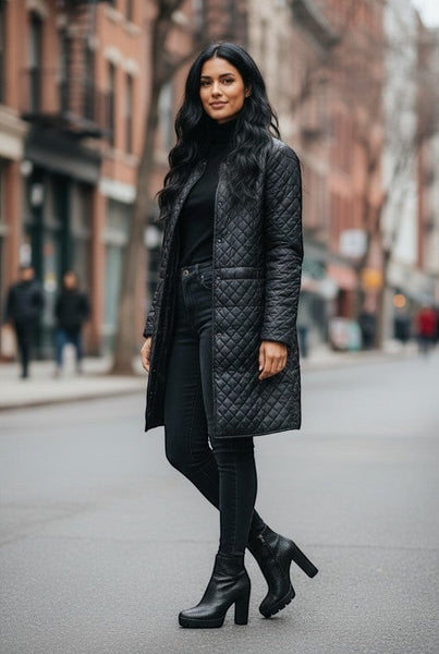 Collab Boutique black faux leather ankle boots with textured finish, platform sole, and chunky block heel.