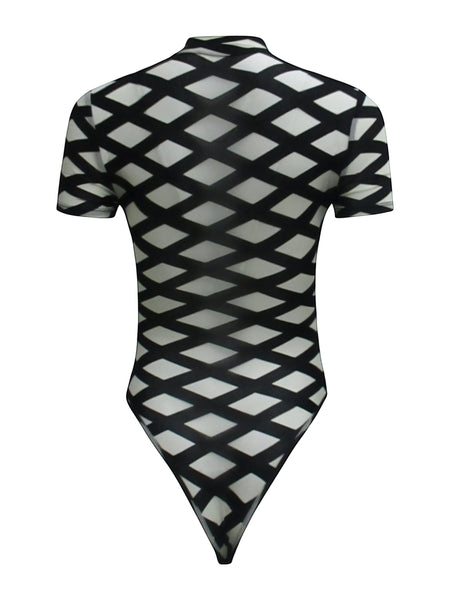 Collab Boutique black and white diamond print mock neck short sleeve sheer mesh bodysuit. 92% Nylon 8% Spandex.