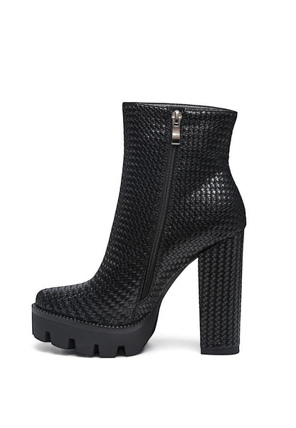 Collab Boutique black faux leather ankle boots with woven texture, platform sole, and chunky block heel.