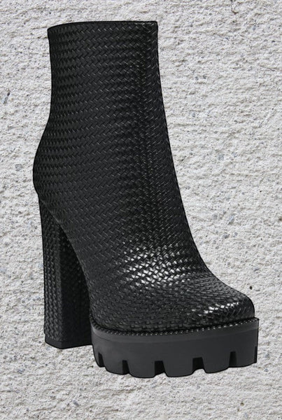 Collab Boutique black faux leather ankle boots with woven texture, platform sole, and chunky block heel.