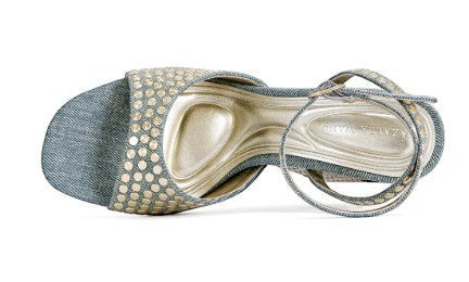 Collab Boutique blue denim wedge sandals with silver studs, open toe, and ankle strap.