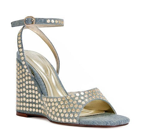 Collab Boutique blue denim wedge sandals with silver studs and ankle strap. Open toe, 4-inch heel.