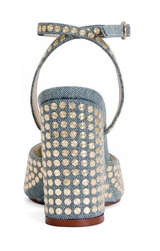 Collab Boutique blue denim wedge sandals with silver studs and ankle strap.