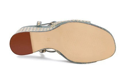 Collab Boutique blue denim wedge sandals with silver studs, open toe, and ankle strap. 4-inch heel.