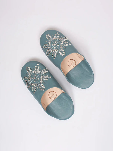 Collab Boutique blue leather Moroccan slippers with sequin embellishments, handmade for indoor use.