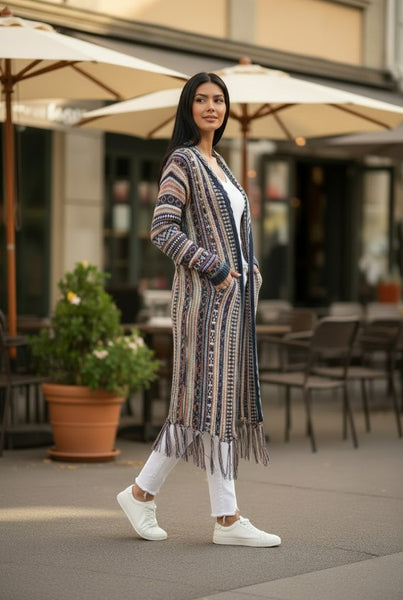 Collab Boutique longline bohemian knit cardigan with geometric pattern, fringed hem, and pockets. Multi-color tribal knit.