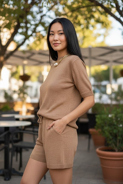 Collab Boutique brown knit top with drawstring waist shorts set. Model wears S/M.