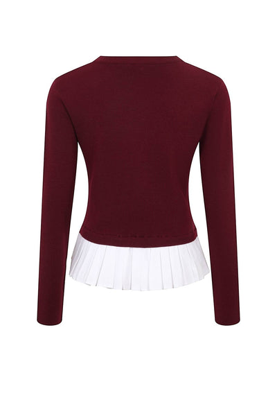Collab Boutique burgundy knit crew neck pullover top with white pleated hem and gold buttons. Cotton, Viscose.