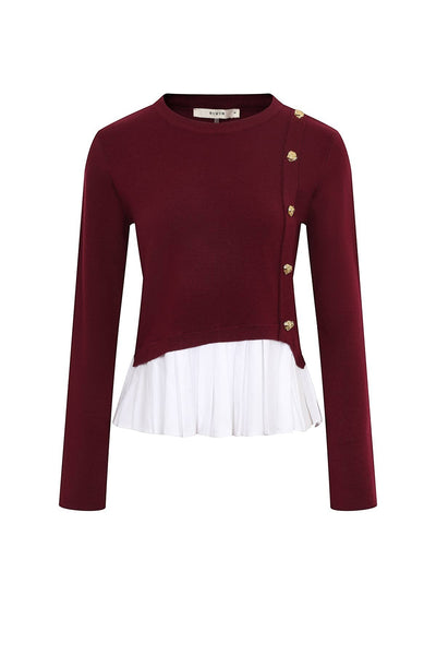Collab Boutique burgundy knit crew neck pullover top with white pleated hem and gold button detail on the side. Cotton/Viscose.